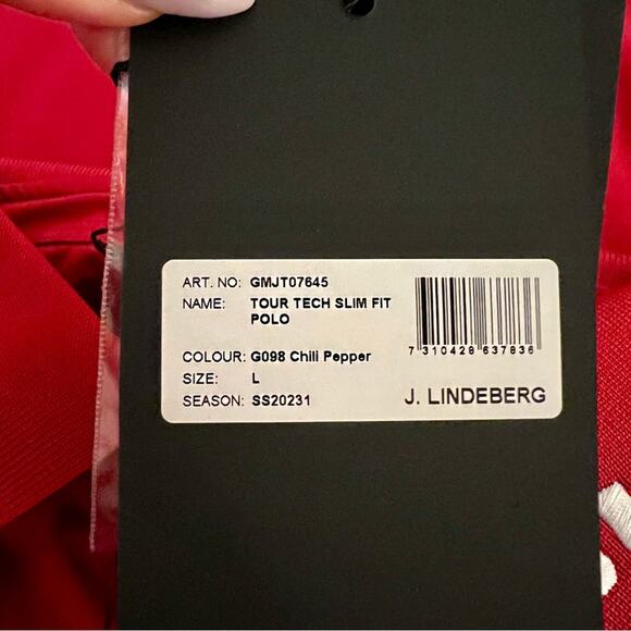 J. LINDEBERG Tour Tech Slim Fit Polo Chili Pepper Red Logo Stretch Sz Large NEW - Picture 8 of 12